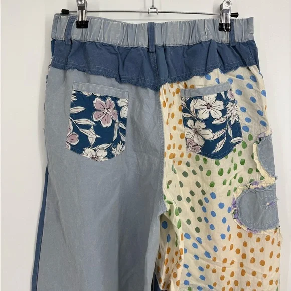Easel Patch Me If You Can Patchwork Paradise Wide Leg Pants in Blue and Cream - Picture 8 of 12